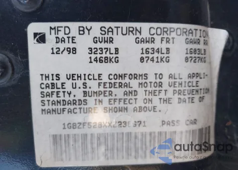 1999 Saturn Sl from USA, damaged, VIN 1G8ZF528XXZ238671
